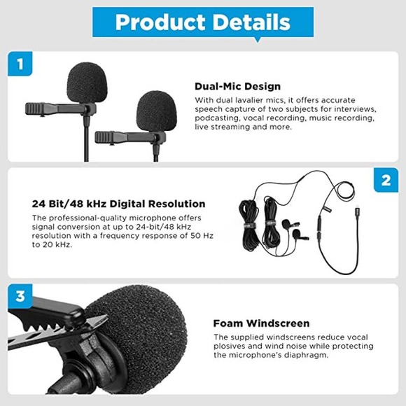 BOYA M2D Dual Mini Lavalier omnidirectional Microphone for iOS Devices - Picture 3 of 6